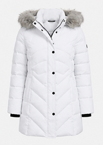 Veste matelassée blanche pour femme avec capuche en fausse fourrure, manteau d'hiver mi-long, parka matelassée isolée pour les journées froides - Product Image 4