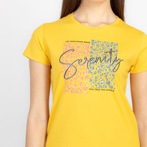 เสื้อยืดคอกลมแขนสั้นสีเหลืองลายเสือดาว ดีไซน์เซเรนิตี้ ทรงปกติ สไตล์ลำลอง ผ้าฝ้ายแคนวาส สำหรับผู้หญิง - Product Image 1