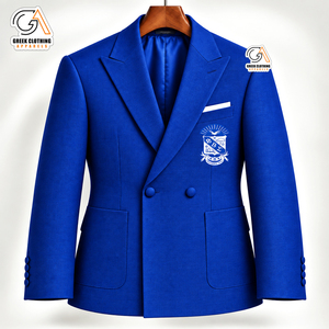 เสื้อเบลเซอร์ผู้ชายสีขาว แบรนด์ Phi Beta Sigma ปกคอปกแบบมีรอยบาก ปักโลโก้ด้านหน้า สีน้ำเงิน ผ้าถัก ป้องกันรอยยับ ป้องกันไฟฟ้าสถิต - Product Image 4