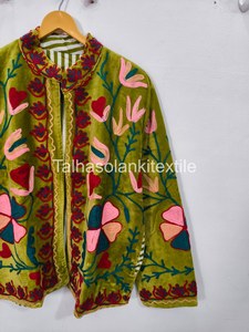 Indian Suzani Soft Velvet Mandarin Collar Jacket Full Sleeve Autumn <b>Women's</b> <b>Coat</b> Embroidered Floral Handmade Patterned Outerwear - Product Image 3