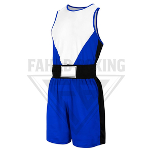 Ensemble uniforme de boxe blanc et bleu de haute qualité OEM/ODM, débardeur et short en mesh à séchage rapide pour l'entraînement de kickboxing et de MMA - Product Image 1