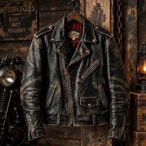 Retro Distressed Cafe <b>Racer</b> Leather <b>Jacket</b>, <b>Men</b>’s Black Rugged Genuine Leather Moto Riding Coat - Product Image 1