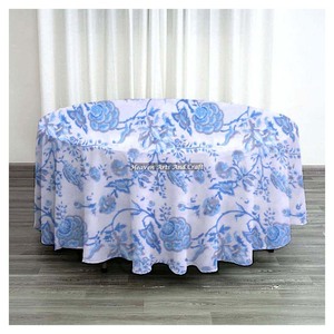 Mantel Redondo de Algodón Tejido con Estampado Floral, Personalizado, Clásico, Lavable, para Uso Doméstico, con Patrón Blanco y Azul - Product Image 1