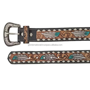 Customized hand carved floral design embossed <b>Men's</b> western leather tooling belt with removable brass buckle - Product Image 3