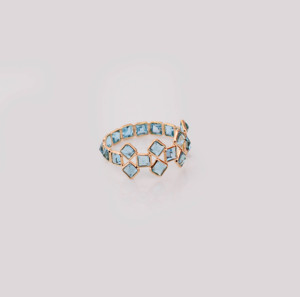Bague éternelle en topaze bleue suisse naturelle, taille princesse, en or jaune massif 18 carats – Bague géométrique à double rangée de pierres précieuses - Product Image 2