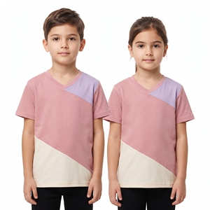 Camisetas de Manga Corta con Cuello en V para Niños, Unisex, Diseño de Bloques de Color en Tres Tonos, Ropa Casual Personalizada para Niños y Niñas, Venta al Por Mayor OEM - Product Image 1