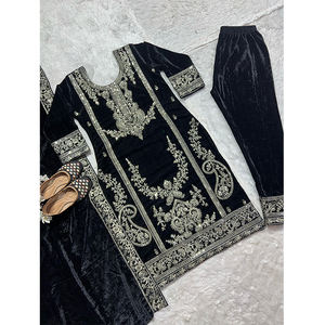 Ensemble moderne indien pakistanais en velours pur lourd et visqueux, broderie, manches longues, pantalon, haut, dupatta, pour les occasions spéciales, longueur genou - Product Image 1