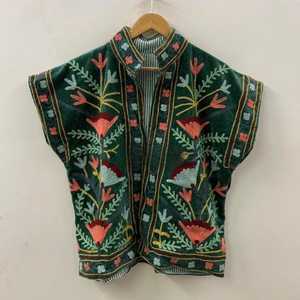 Green Velvet Suzani Embroidered Vest with Belt Festival Outfit Artisan Embroidery Bohemian Vest <b>Short</b> Sleeveless <b>Jacket</b> - Product Image 5