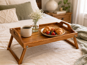 Plateau de petit-déjeuner en bois artisanal avec pieds pliables |   Plateau de service multifonctionnel pour ordinateur portable au lit |   Design rustique pour mariage et anniversaire - Product Image 6