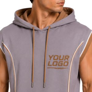 Conjunto Deportivo Personalizado para Hombre, Gris Camel, Sin Mangas, con Capucha, Logotipo Personalizado, para Gimnasio, Fitness, Entrenamiento, Sudadera con Capucha y Pantalones Cortos, Ropa Deportiva - Product Image 5