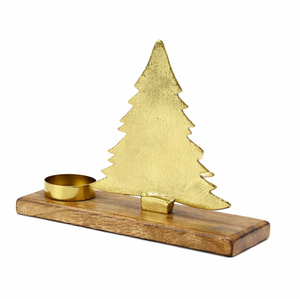 Wholesale Handcrafted Gold Aluminium Christmas Tree <b>Tea</b> Light Candle Holder With Rustic Mango Wood Base For Festive Home Decor - Product Image 2