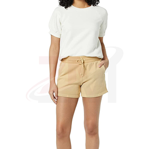 Shorts de punto de cintura media para mujer con cordón ajustable, color sólido, corte casual, bolsillos, color beige, ropa casual, moda femenina - Product Image 2