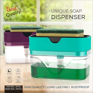 Distributeur de savon moderne en plastique pour évier avec fonction de nettoyage facile, liquide bleu visible - Product Image 3