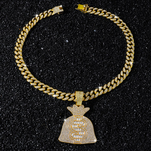 Collares con colgante de bolsa de dinero y signo de dólar, estilo 'Iced Out', chapados en oro de aleación, con cristales, cadenas cubanas, joyería de personalidad Hip Hop con dije de bolso - Product Image 6