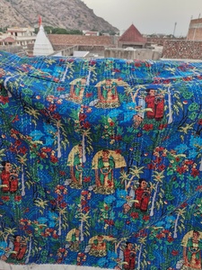 Blue Mukut Print Kantha <b>Quilt</b> Hand Stitched Queen Size Cotton <b>Bedspread</b> Reversible Bohemian Style All-Season Washable - Product Image 4