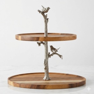 Luxury 2 <b>Tier</b> Acacia Wood <b>Cake</b> Stand with Handcrafted Pewter Squirrel Accents Rustic Wooden Tiered Serving Tray For Wedding - Product Image 2