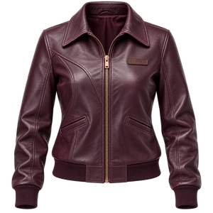 <b>Womens</b> Burgundy Genuine Leather Aviator <b>Jacket</b> <b>Vintage</b> Zip Up Ribbed Hem Coat Darkry Custom Factory Wholesale Supplier - Product Image 1