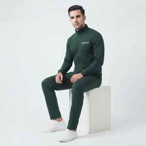 Conjunto Deportivo de 2 Piezas para Hombre, Color Verde Oscuro, Cierre Completo, Corte Regular, Color Sólido, Ropa Deportiva Informal para Otoño, 100% Algodón Transpirable - Product Image 5