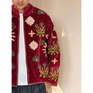 Handmade Vintage Embroidered Floral Thin High Quality Bomber <b>Jacket</b> Red <b>Velvet</b> Unisex Winter Style Heated Eco-Friendly Mandarin - Product Image 3