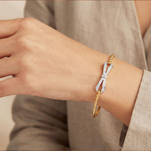 18K <b>Gold</b> Diamond Bow <b>Bracelet</b> | Two-Tone <b>Beaded</b> Bangle with Pavé Diamond Accents - Product Image 3