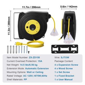 Avvolgicavo Avvolgibile Rinforzato da 45 Piedi con Cavo di Alimentazione 12AWG/3C SJTOW, Presa Tripla Illuminata da 15 Amp, Cavo di Alimentazione da 1,5m in Materiale ABS - Product Image 4