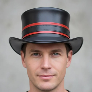 Sombrero de copa de cuero negro con franja roja, accesorio de disfraz formal para hombre, talla adulta 56-58 cm - Product Image 1