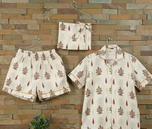 Conjunto de Pijama Corto de Verano para Mujer, con Cierre de Botones, de Algodón, Manga Larga, Personalizado, Estampado a Mano - Product Image 4