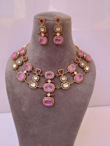 Ensemble collier et boucles d'oreilles Kundan Polki rose, plaqué or, bijoux indiens de mariée, bijoux de mariage traditionnels pour femmes - Product Image 5