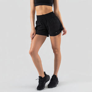 Shorts de compression double couche pour femme avec logo frontal, taille haute, respirants, pour l'entraînement et le fitness - Product Image 2