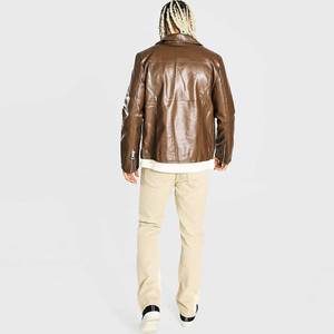 Chaqueta de Motociclista de Cuero Genuino Marrón para Hombre, Cuello Camisero, Cierre de Cremallera, Corte Regular, Color Sólido, para Otoño - Product Image 3