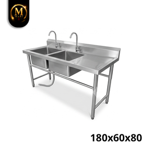 Professional Double Bowl <b>Sink</b> Right Platform 0.8mm Thickness Stainless Steel Freestanding Commercial Kitchen <b>Drainer</b> Table - Product Image 2