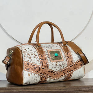 Sacs de voyage en cuir de vachette fait main, prix d'usine en gros, avec concho turquoise et motif floral, sacs de week-end - Product Image 4