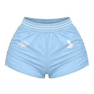Shorts cortavientos para mujer, 180 GSM, malla de poliéster, azul claro y morado, panel lateral con logo sublimado, shorts personalizados para mujer - Product Image 4