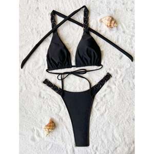 En gros Bikini string noir sexy à lanières, coupe haute et dos nu - Product Image 4