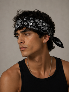 Bandana en coton noir audacieux pour hommes et femmes, foulard unisexe à motif Paisley pour le streetwear quotidien, les voyages, les festivals et les usages quotidiens ! - Product Image 2