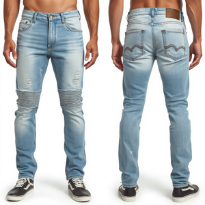 Luxury <b>Men's</b> Ice Blue Distressed Denim Pants Featuring Premium Heavy Cotton Construction with Contemporary Fashion Detailing - Product Image 1