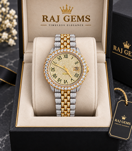 Reloj Raj Gems con Incrustaciones de Moissanita, Bisel Chapado en Oro, Esfera Redonda, Correa de Acero Inoxidable, Estilo Hip Hop Unisex - Product Image 1