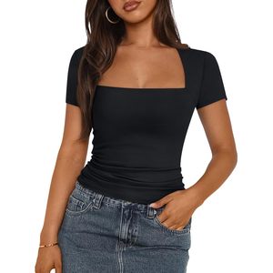 Queen Women's FOXA Camisetas de entrenamiento de doble forro Casual Slim Fit Ropa de verano con manga corta Cuello cuadrado Vestidos Casuales - Product Image 3