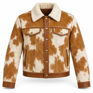 Custom Mens Golden Ochre <b>Cream</b> <b>Hair</b> On Cowhide Western Jacket <b>Straight</b> Yoke Cowboy Ranch Coat OEM Wholesale Manufacturer Premium - Product Image 1