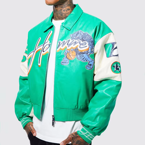 Blouson de motard personnalisé pour homme en cuir PU, style baseball universitaire, avec broderies chenille, col montant, imperméable, pour l'hiver - Product Image 1