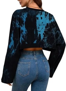 Women's Tie Dye Crop <b>Top</b> Long Sleeve O-Neck Knitted Sweatshirt Cartoon Smiley Print Y2K Style Autumn Wear - Product Image 2