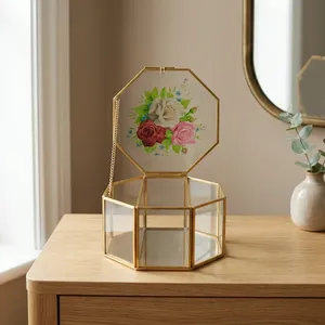 Geometric Glass Necklace Jewelry Box with Floral <b>Mirror</b> Lid Gold Frame Cosmetic Storage Organizer Decorative <b>Octagonal</b> Design - Product Image 3