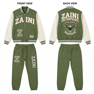 Men Varsity Tracksuit 400 GSM Premium Cotton Fleece Olive Green White Sleeve Panel Custom Chenille <b>Embroidery</b> DTF Print - Product Image 1