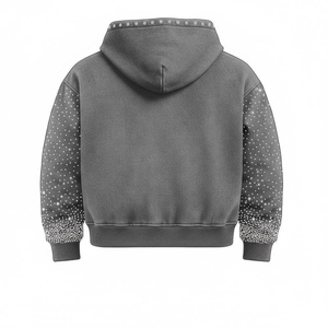 <b>Women's</b> Zip Up Hoodie Acid Wash <b>Black</b> <b>Fleece</b> Sweatshirt Rhinestone Studded Dot Pattern Pullover - Product Image 4