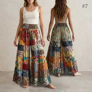Pantalon palazzo taille haute en patchwork de soie fait main, à volants superposés, coupe large, style hippie, pour festival, avec cordon de serrage, été - Product Image 1