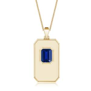 14K <b>Solid</b> <b>Gold</b> Emerald-Cut Blue Sapphire Gemstone Men's Elongated Octagon Plate <b>Pendant</b> With Chain Necklace Luxury Fine Jewelry - Product Image 1