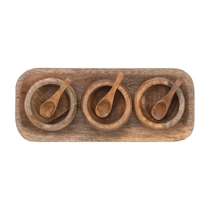 Modern Wooden Bowl Set with Tray Three Bowl Serving Set Inner Coated Snack Server Condiment Holder Premium <b>Tabletop</b> Kitchen Deco - Product Image 4