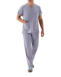Men V-Neck <b>Scrub</b> Set Short Sleeve Top & Pants Grey Cotton Polyester Woven Hospital <b>Uniform</b> Spandex Polyester V-Neck <b>Scrubs</b> - Product Image 3