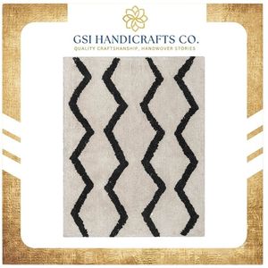 Modern Chevron Pattern Area <b>Rug</b> Rectangle White <b>Black</b> High Pile Tufted Non Slip Rubber Backing Bedroom Use Scandinavian Style - Product Image 2