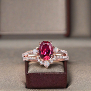 Ensemble de bagues de fiançailles en rubis Dainty 2 pièces-Bague de fiançailles en rubis de laboratoire de coupe ovale associée à une alliance en opale en argent 925 - Product Image 1